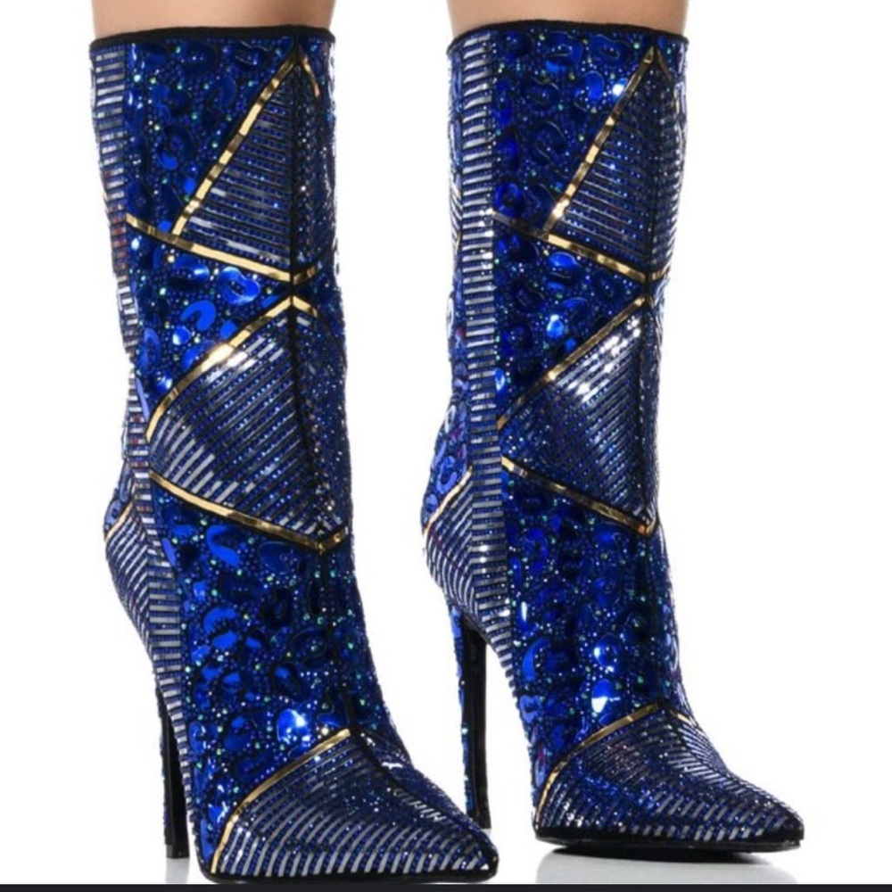 Dazzling Blue Sequin Heeled Boots